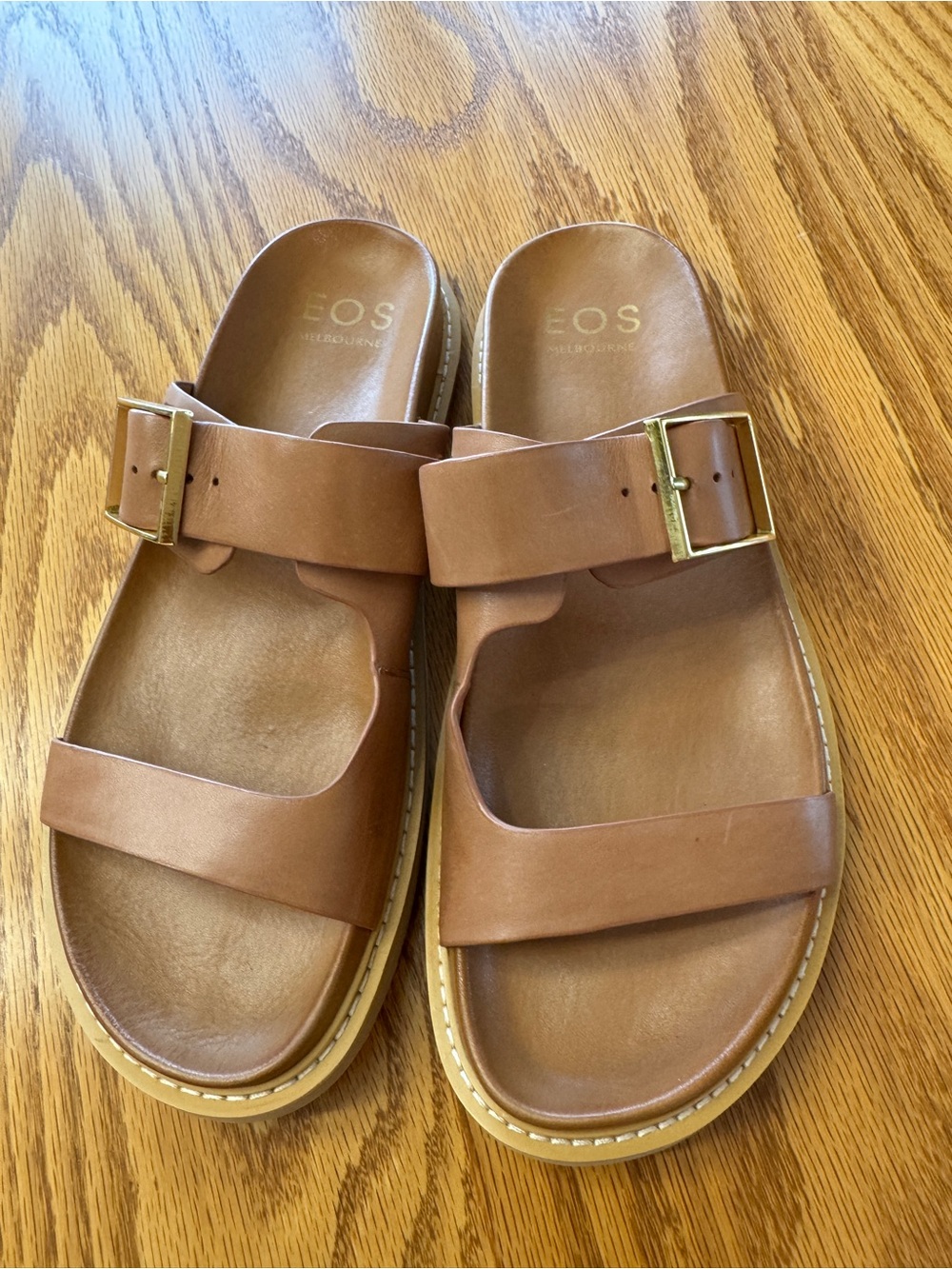 EOS Women's Brown Leather Double-Strap Slide Sandals with Gold Buckle. Only once